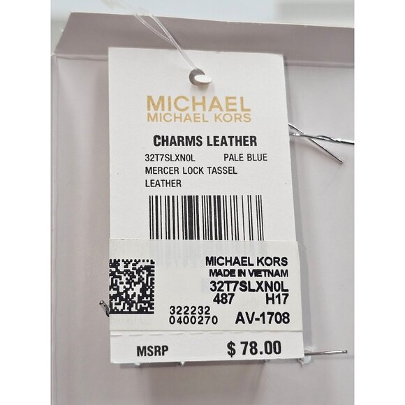 NWB Michael Kors Mercer Lock Tassel Key Charm Leather Pale Blue 2857 - Picture 4 of 8